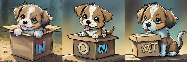 Three comic images of a puppy and a box that demonstrate in, on, and at.