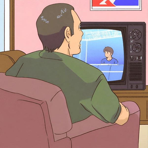 Cartoon image of a man sitting on a sofa watching sports on TV.