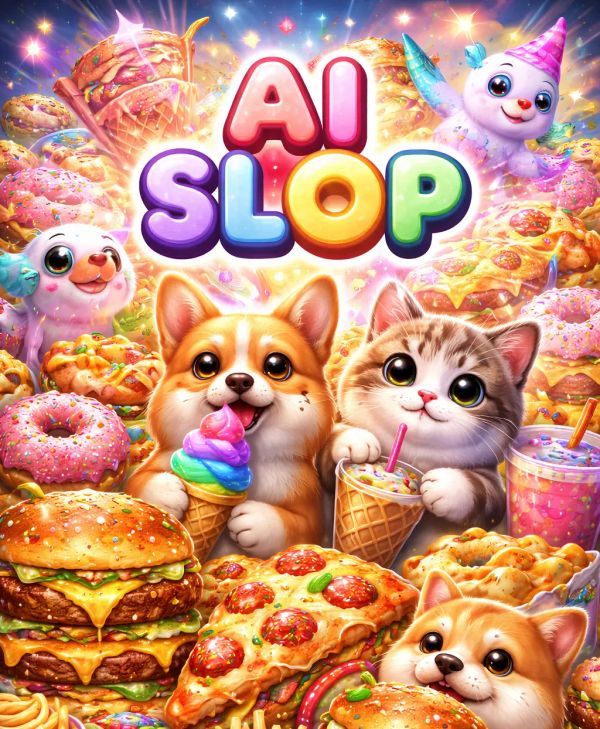 A hyper-saturated collage labeled “AI SLOP,” packed with glossy burgers, donuts, cute animals, floating phones, and a smiling woman mid-bite.