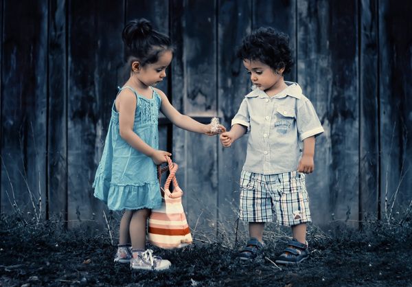 A little girl handing a flower to a little boy. There is a fence in the background.