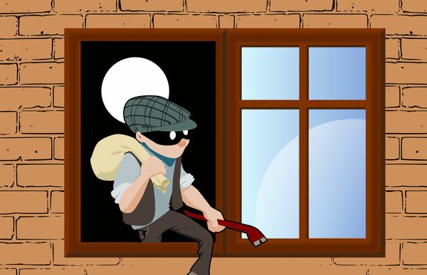 An illustration of a masked burglar holding a crowbar and climbing out of a window.