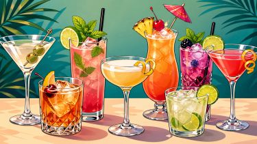 Bright illustrated cocktails on a table in different glasses with fruit garnishes.