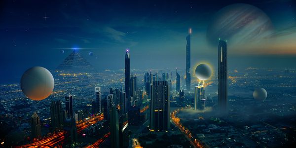 A futuristic-looking city with floating orbs. There is a pyramid in the distance and another planet in the background.