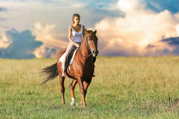 A woman in a singlet riding a brown horse with clouds in the background.