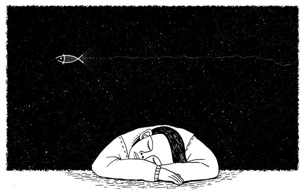 A drawing of a person sleeping on a table in front of them with a fish in the sky in the background.