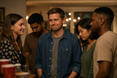 Five adults at a house party reacting awkwardly after a joke.