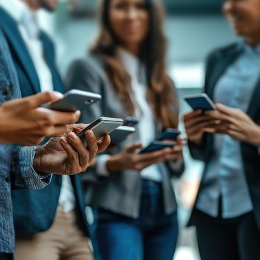 Business professionals standing together and looking at smartphones.