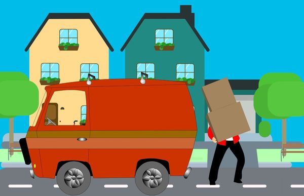 A cartoon-style drawing of a person carrying boxes from a van. There are houses in the background.