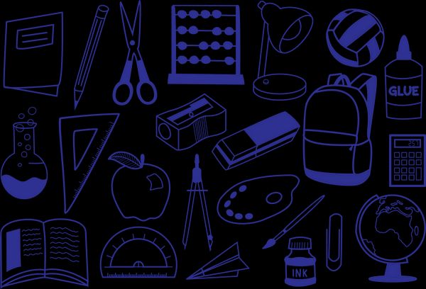 Items that are commonly found at school including a pair of scissors, a pencil, a ball, and a globe.