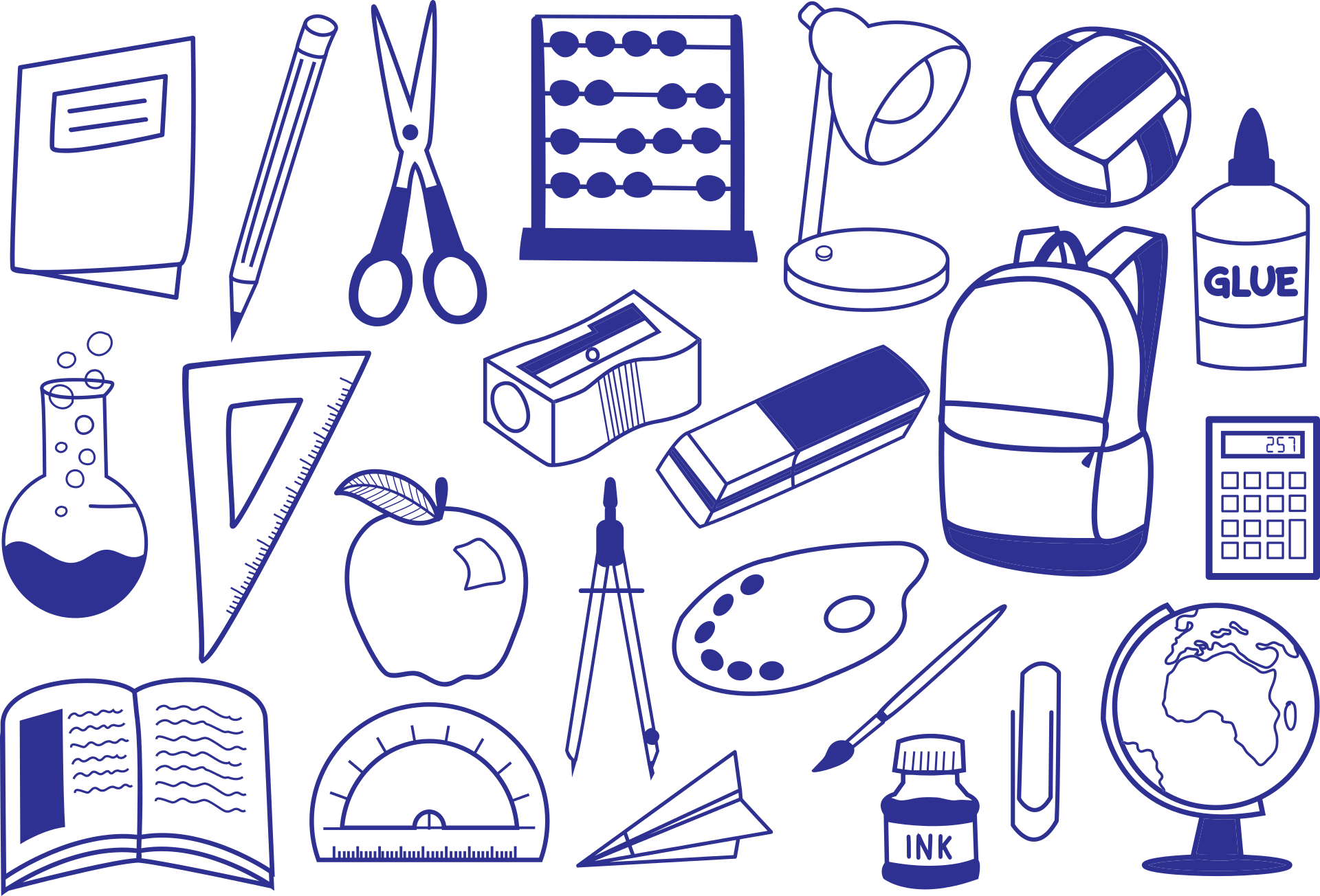 items that are commonly found at school including a pair of scissors, a pencil, a ball, and a globe