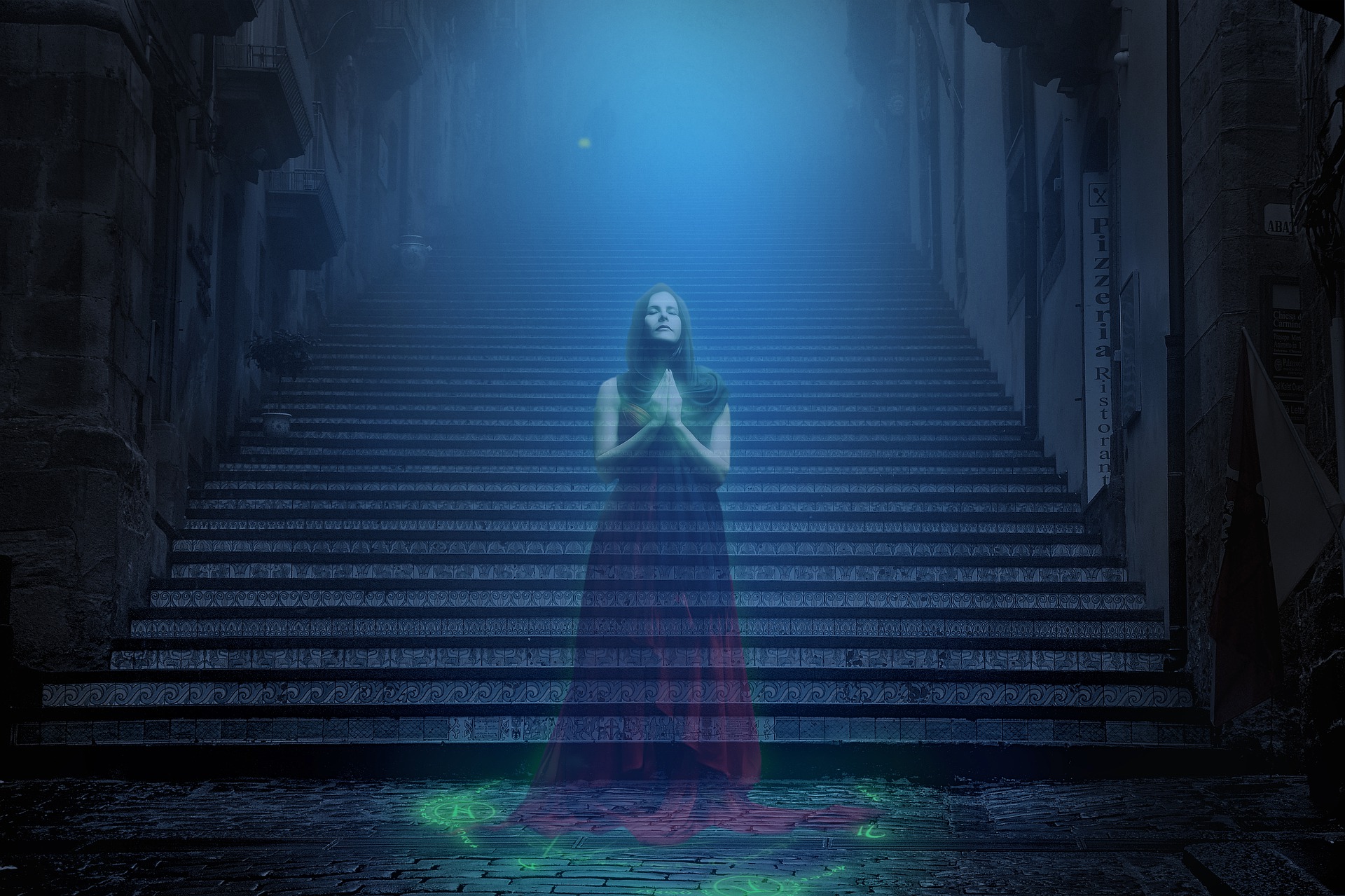 a ghostly woman in front of stairs