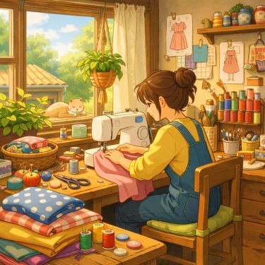 A person using a sewing machine to make clothes in a sunlit workspace.